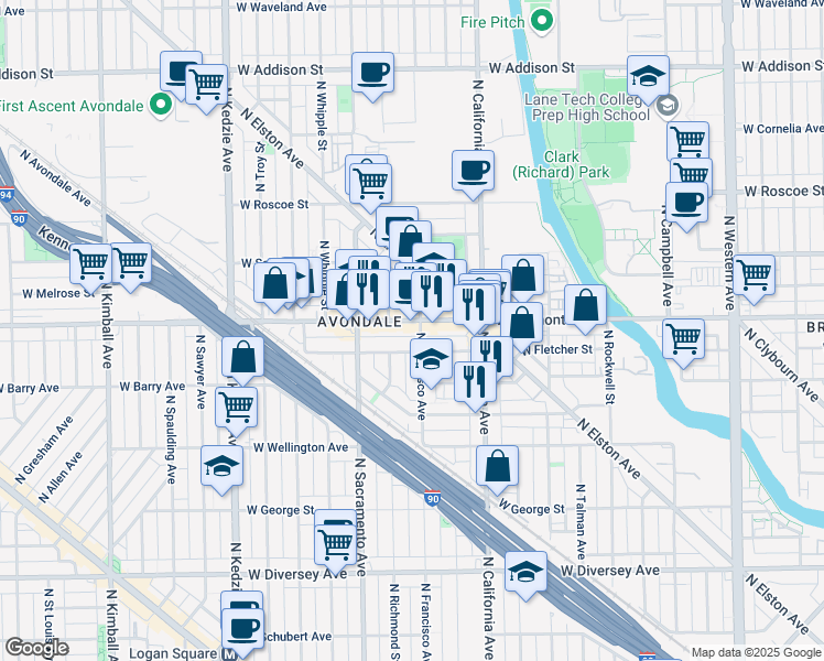 map of restaurants, bars, coffee shops, grocery stores, and more near 2905 West Fletcher Street in Chicago