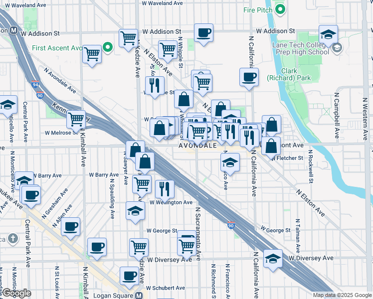 map of restaurants, bars, coffee shops, grocery stores, and more near 3020 West Fletcher Street in Chicago