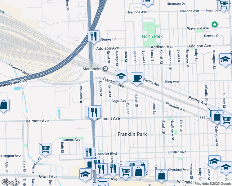 map of restaurants, bars, coffee shops, grocery stores, and more near 3301 Ernst Street in Franklin Park
