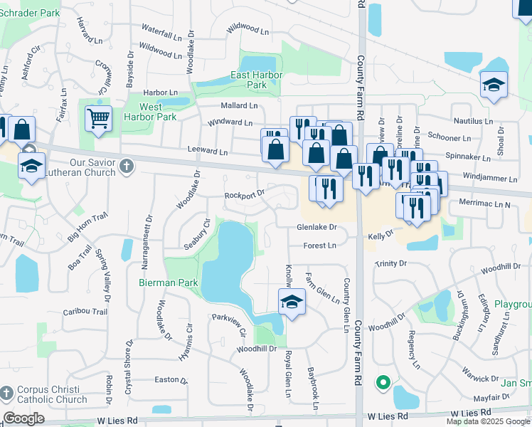 map of restaurants, bars, coffee shops, grocery stores, and more near 1286 Lakeshore Drive in Carol Stream