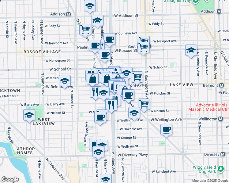 map of restaurants, bars, coffee shops, grocery stores, and more near 3118 North Ashland Avenue in Chicago