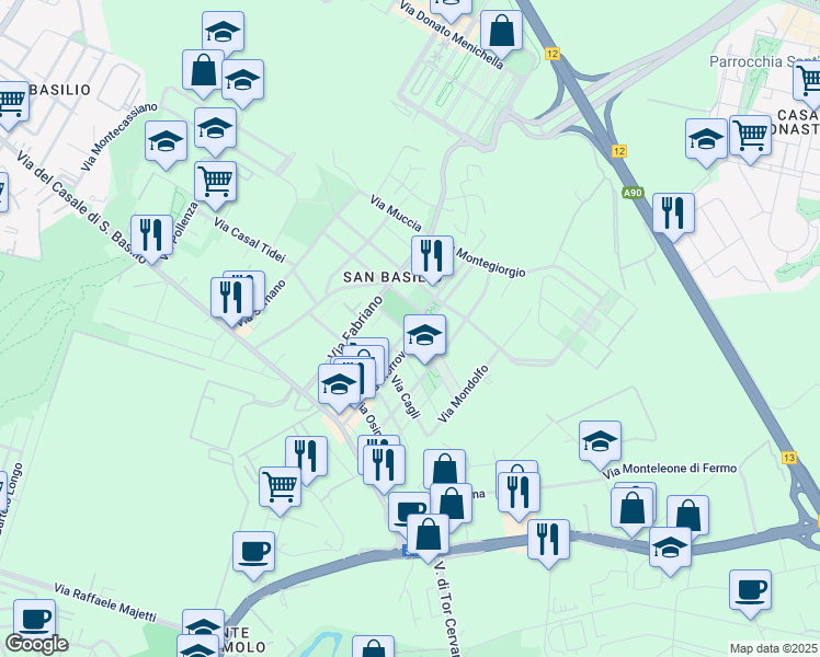 map of restaurants, bars, coffee shops, grocery stores, and more near Via Morrovalle in Rome