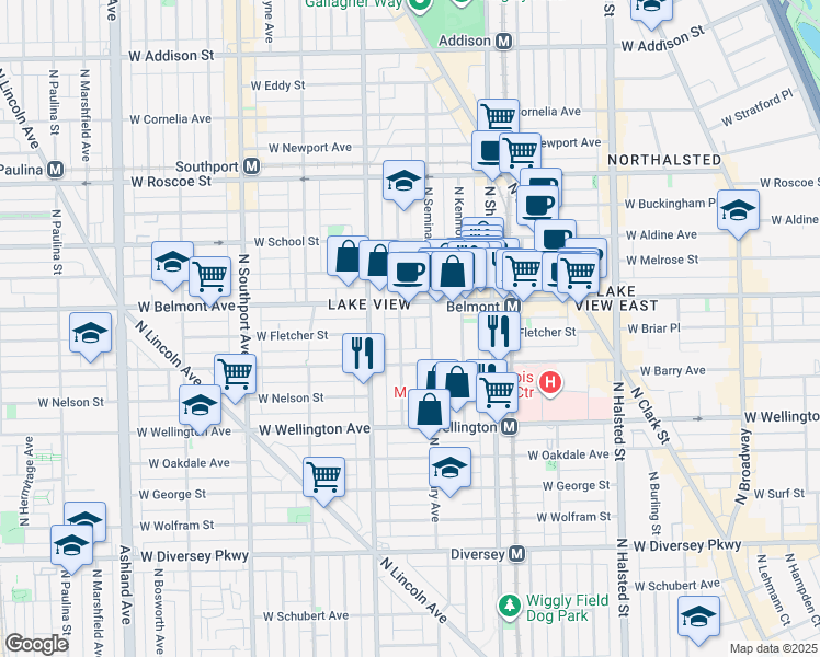 map of restaurants, bars, coffee shops, grocery stores, and more near 3116 North Seminary Avenue in Chicago