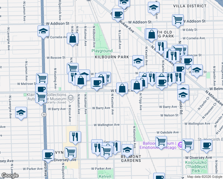 map of restaurants, bars, coffee shops, grocery stores, and more near 3204 North Kostner Avenue in Chicago