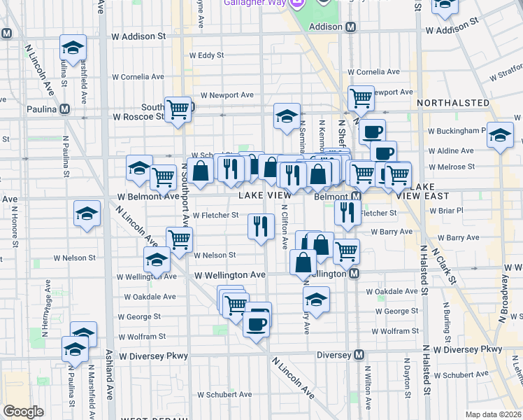 map of restaurants, bars, coffee shops, grocery stores, and more near 1200 West Fletcher Street in Chicago