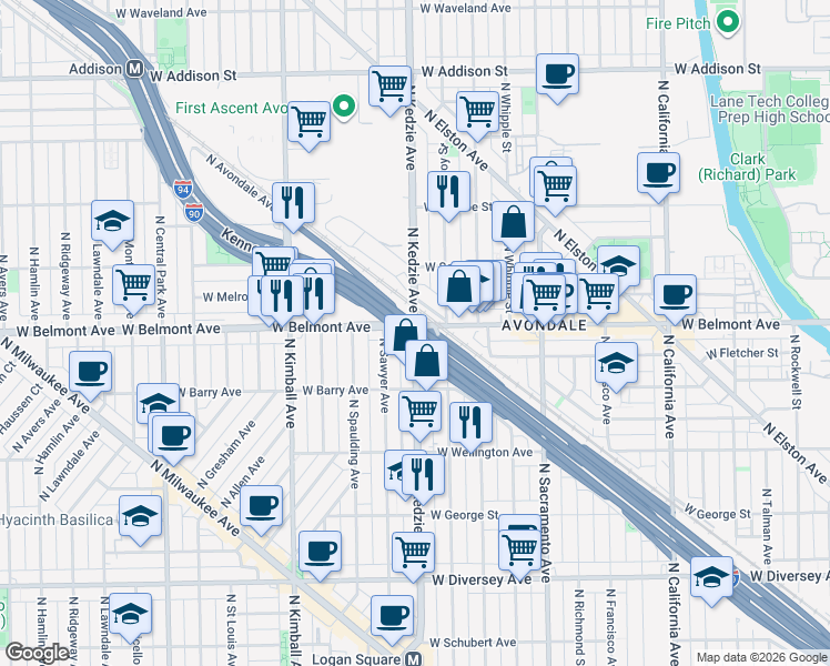 map of restaurants, bars, coffee shops, grocery stores, and more near 3130 North Kedzie Avenue in Chicago