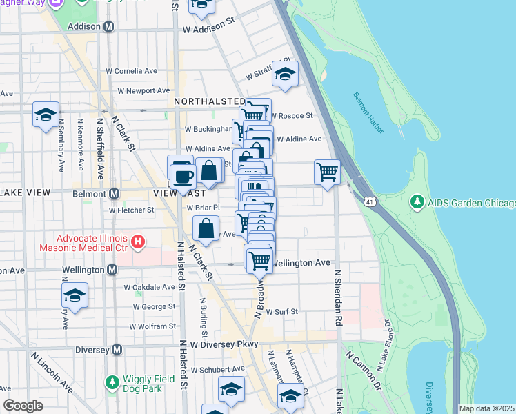 map of restaurants, bars, coffee shops, grocery stores, and more near North Broadway & W Briar Pl in Chicago