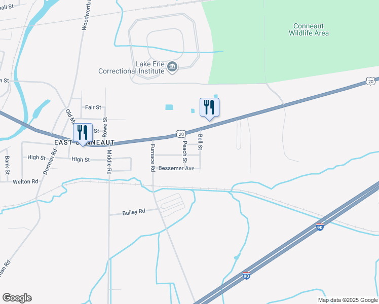 map of restaurants, bars, coffee shops, grocery stores, and more near 348 Bessemer Avenue in Conneaut