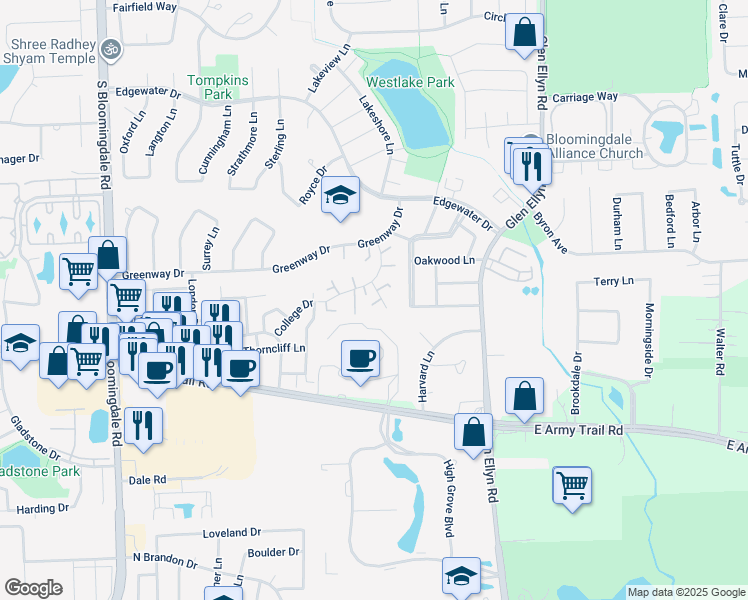 map of restaurants, bars, coffee shops, grocery stores, and more near 203 Emerson Court in Bloomingdale