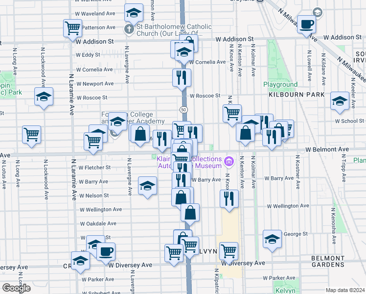 map of restaurants, bars, coffee shops, grocery stores, and more near 3208 North Cicero Avenue in Chicago