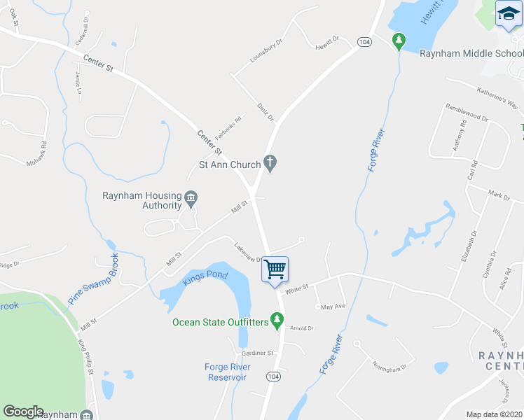 map of restaurants, bars, coffee shops, grocery stores, and more near 611 North Main Street in Raynham