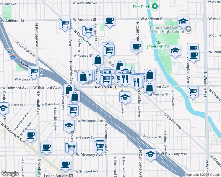 map of restaurants, bars, coffee shops, grocery stores, and more near 2941 West Belmont Avenue in Chicago