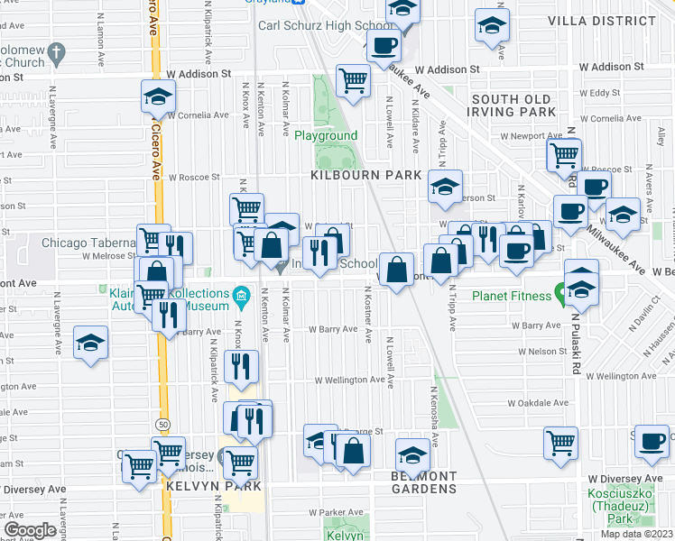 map of restaurants, bars, coffee shops, grocery stores, and more near 4434 West Belmont Avenue in Chicago