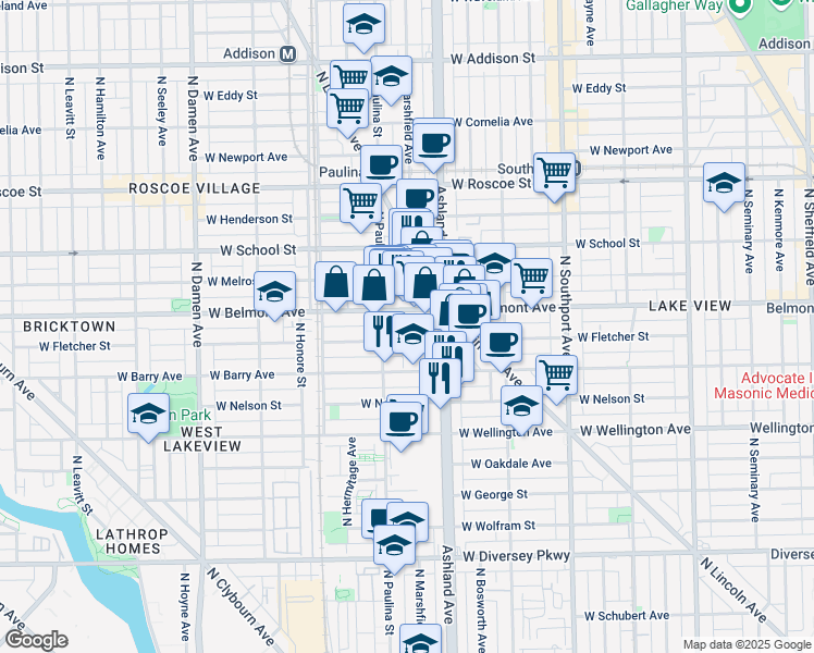 map of restaurants, bars, coffee shops, grocery stores, and more near 1645 West Fletcher Street in Chicago