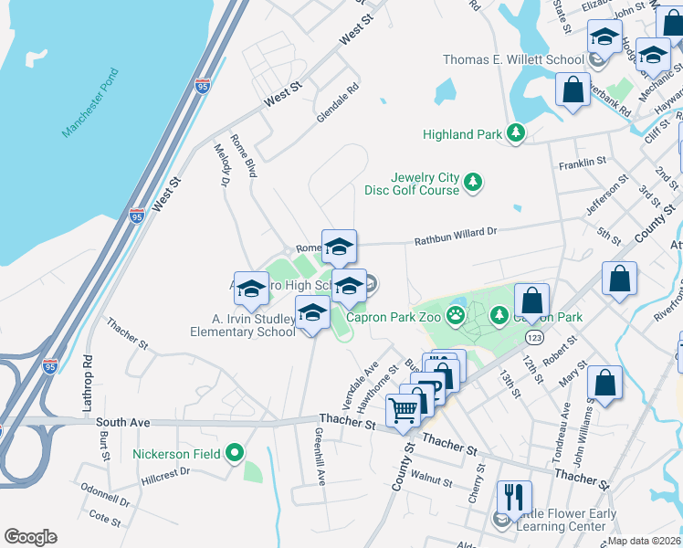 map of restaurants, bars, coffee shops, grocery stores, and more near 100 Rathbun Willard Drive in Attleboro
