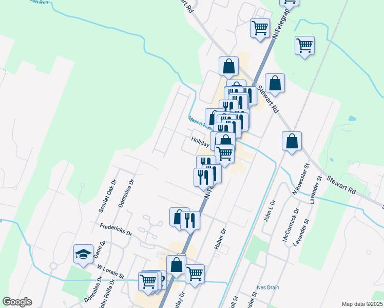map of restaurants, bars, coffee shops, grocery stores, and more near 1215 North Telegraph Road in Monroe