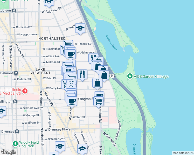 map of restaurants, bars, coffee shops, grocery stores, and more near 423A West Briar Place in Chicago