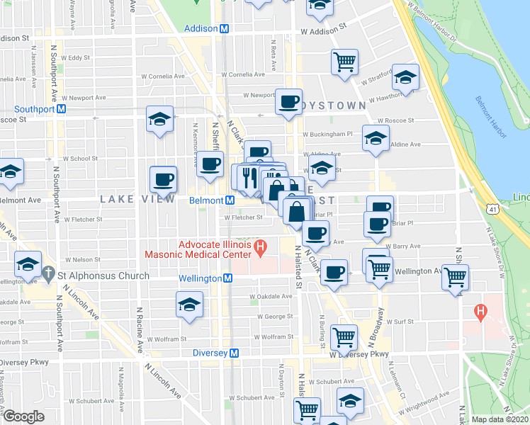 map of restaurants, bars, coffee shops, grocery stores, and more near 846 West Barry Avenue in Chicago