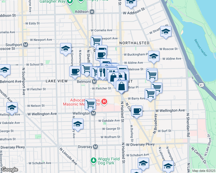 map of restaurants, bars, coffee shops, grocery stores, and more near 846 West Barry Avenue in Chicago