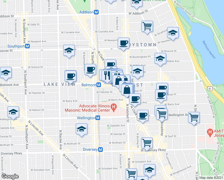 map of restaurants, bars, coffee shops, grocery stores, and more near 846 West Barry Avenue in Chicago