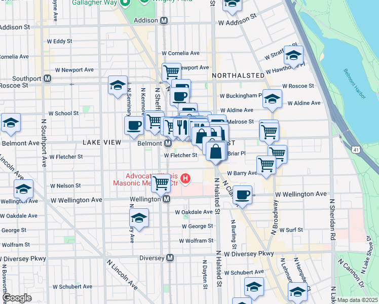 map of restaurants, bars, coffee shops, grocery stores, and more near 846 West Barry Avenue in Chicago