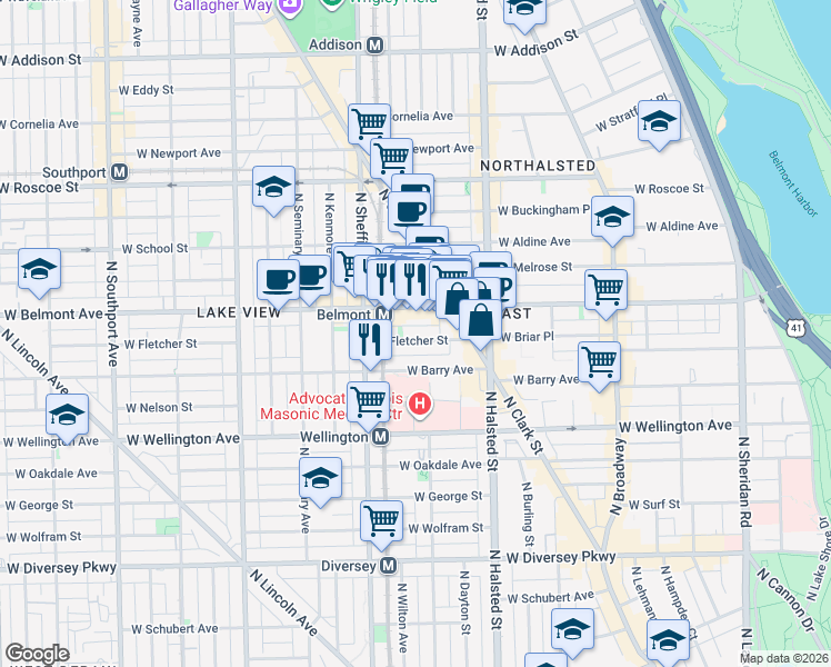 map of restaurants, bars, coffee shops, grocery stores, and more near 920 West Barry Avenue in Chicago