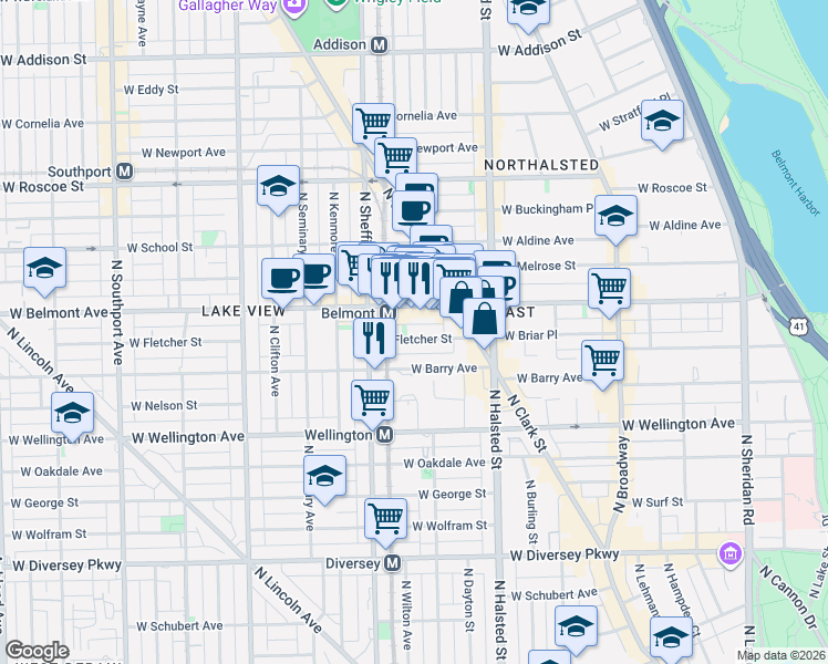map of restaurants, bars, coffee shops, grocery stores, and more near 920 West Barry Avenue in Chicago