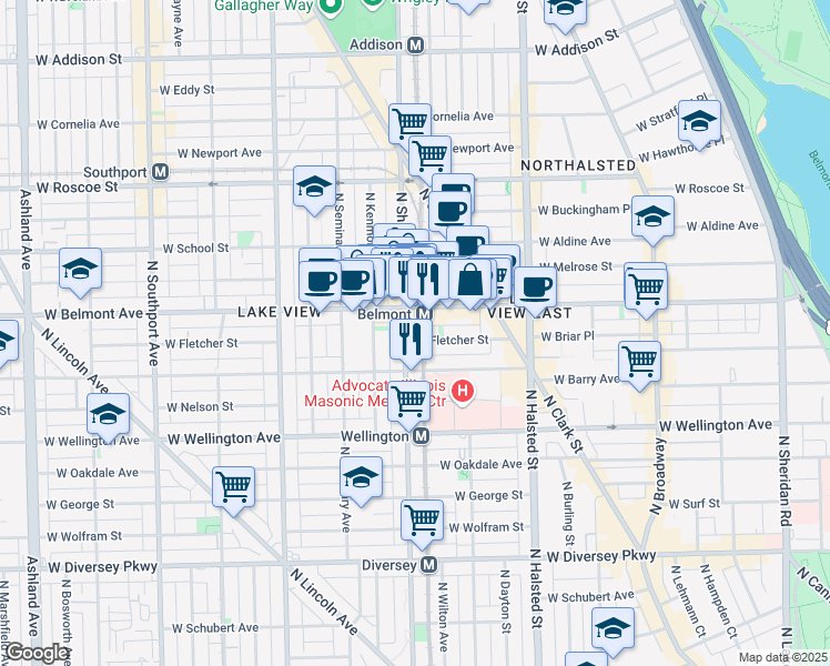 map of restaurants, bars, coffee shops, grocery stores, and more near 3109 North Sheffield Avenue in Chicago
