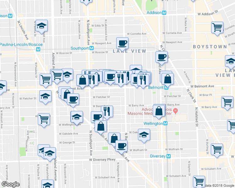 map of restaurants, bars, coffee shops, grocery stores, and more near 1223 West Fletcher Street in Chicago