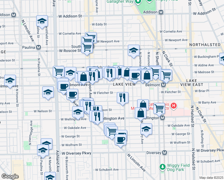 map of restaurants, bars, coffee shops, grocery stores, and more near 1223 West Fletcher Street in Chicago