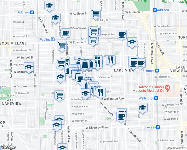 map of restaurants, bars, coffee shops, grocery stores, and more near 1415 West Fletcher Street in Chicago