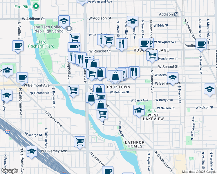 map of restaurants, bars, coffee shops, grocery stores, and more near 3123 North Oakley Avenue in Chicago