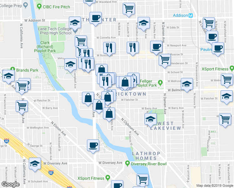 map of restaurants, bars, coffee shops, grocery stores, and more near 3123 North Oakley Avenue in Chicago