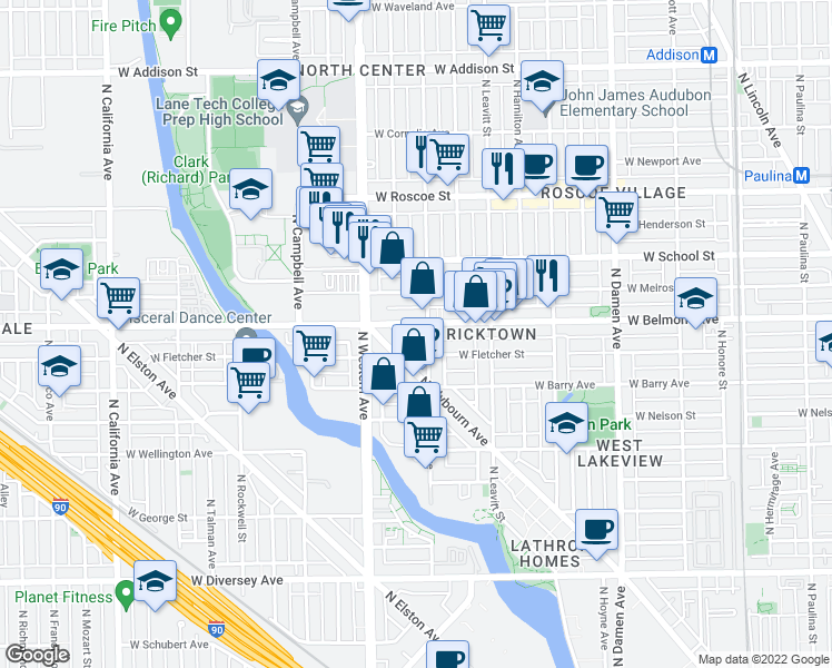 map of restaurants, bars, coffee shops, grocery stores, and more near 3123 North Oakley Avenue in Chicago