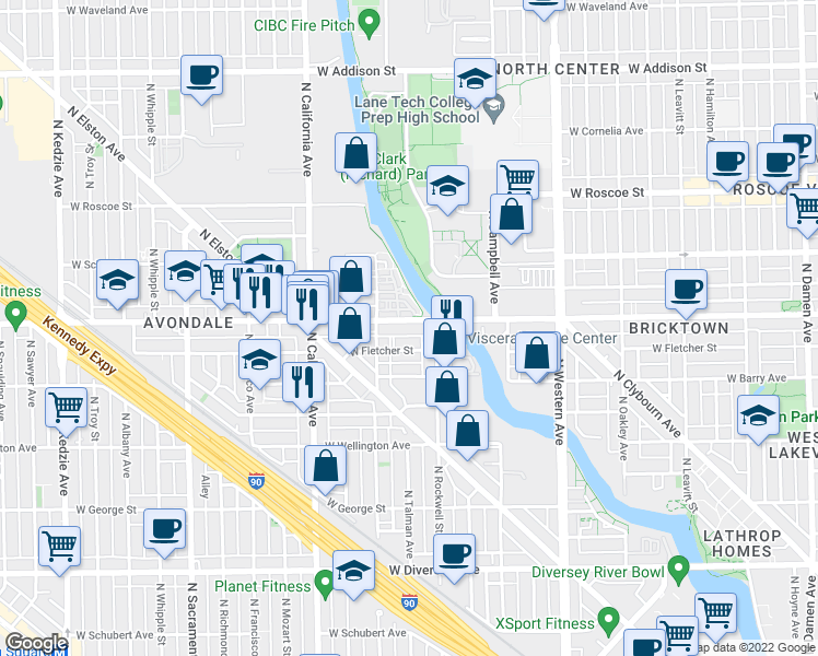 map of restaurants, bars, coffee shops, grocery stores, and more near 2635 West Fletcher Street in Chicago
