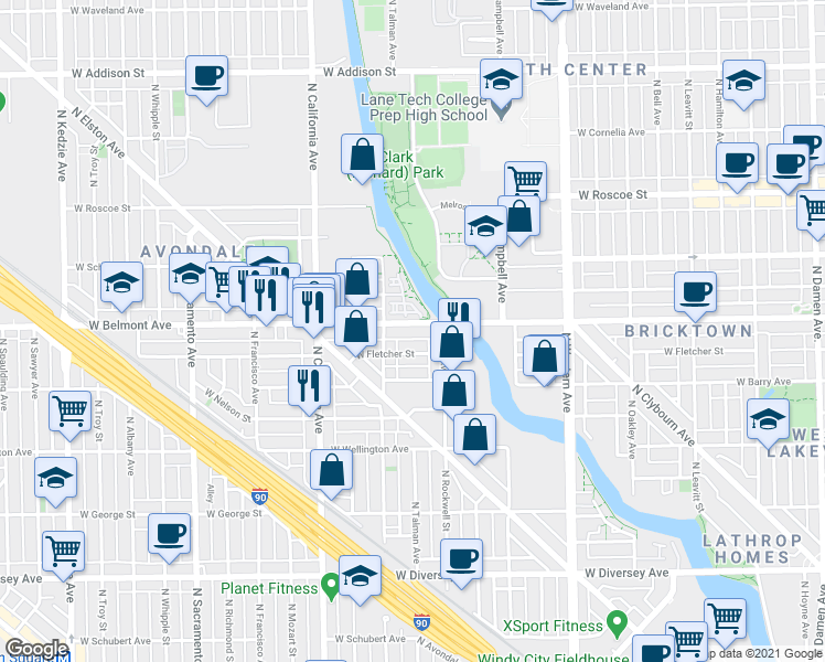 map of restaurants, bars, coffee shops, grocery stores, and more near 2635 West Fletcher Street in Chicago