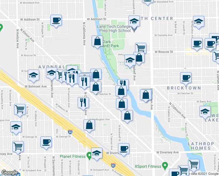 map of restaurants, bars, coffee shops, grocery stores, and more near 2635 West Fletcher Street in Chicago