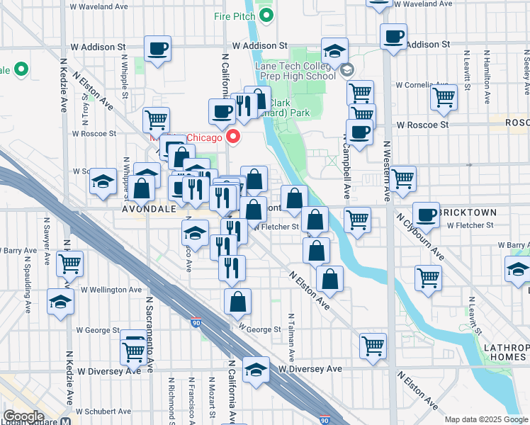 map of restaurants, bars, coffee shops, grocery stores, and more near 2707 West Fletcher Street in Chicago