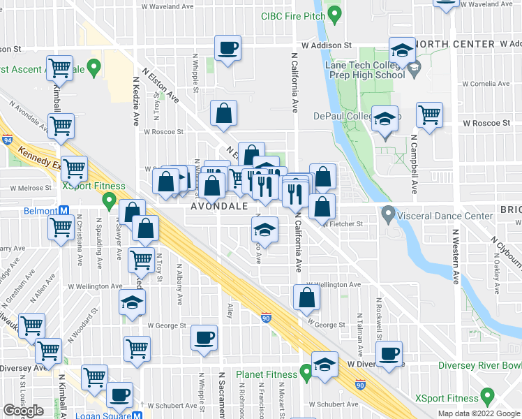 map of restaurants, bars, coffee shops, grocery stores, and more near 2905 West Fletcher Street in Chicago