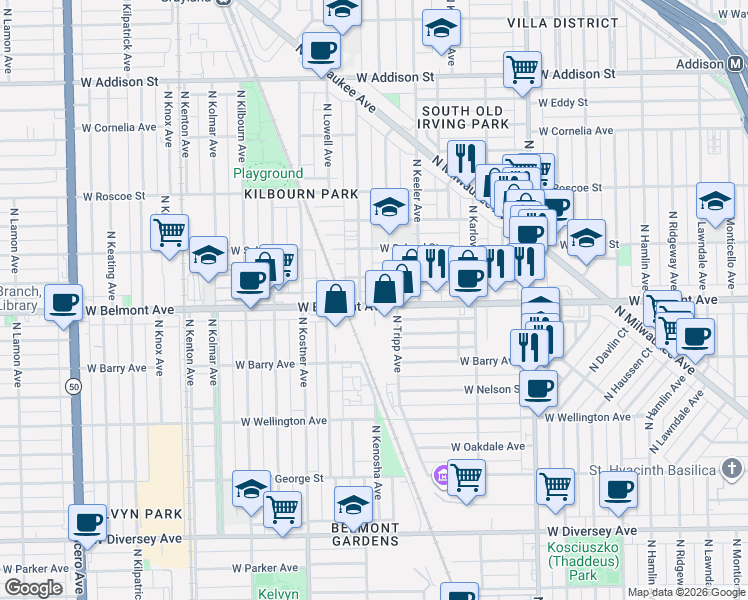 map of restaurants, bars, coffee shops, grocery stores, and more near 4201 West Belmont Avenue in Chicago