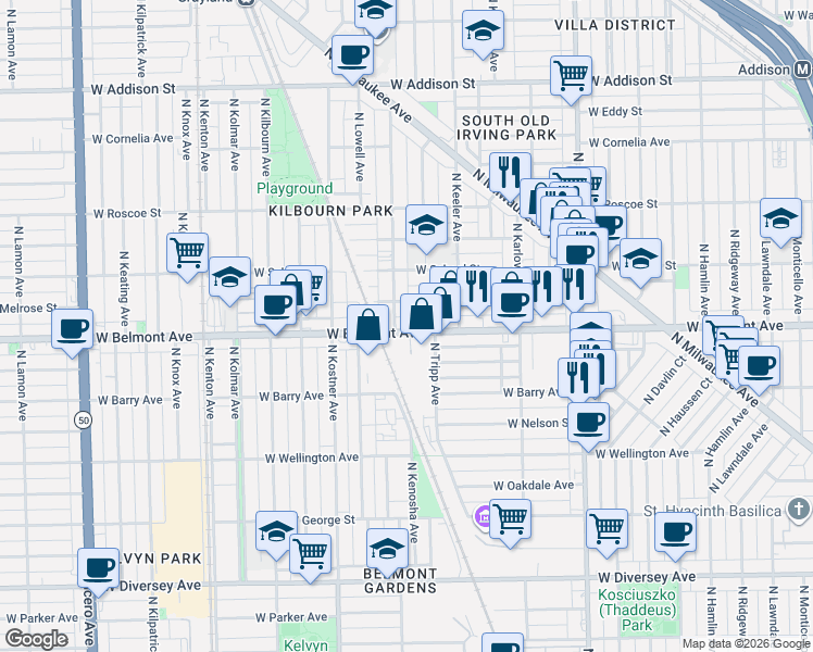map of restaurants, bars, coffee shops, grocery stores, and more near 4201 West Belmont Avenue in Chicago