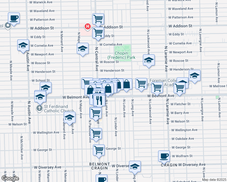 map of restaurants, bars, coffee shops, grocery stores, and more near 5523 West Belmont Avenue in Chicago