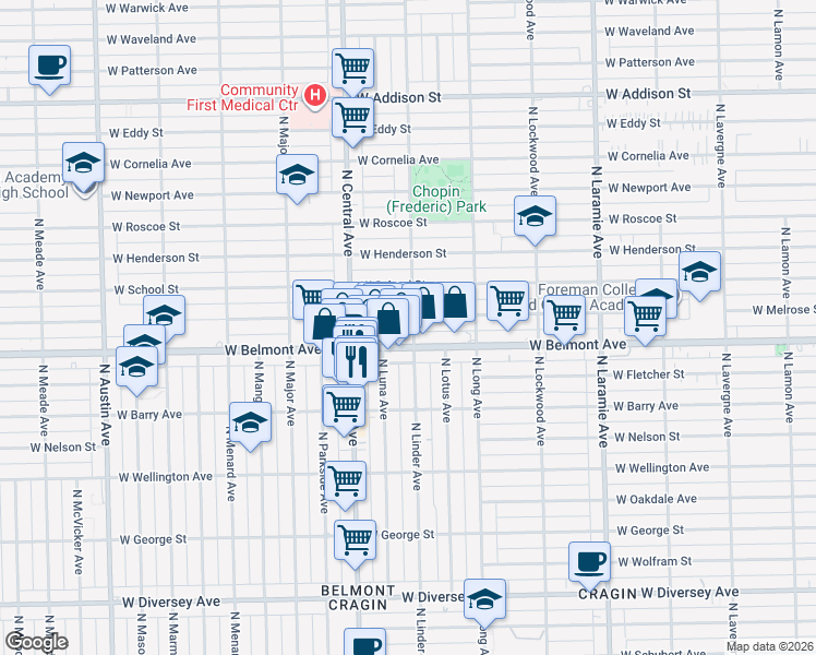 map of restaurants, bars, coffee shops, grocery stores, and more near 5523 West Belmont Avenue in Chicago