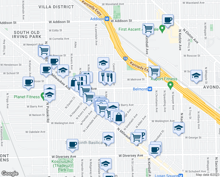 map of restaurants, bars, coffee shops, grocery stores, and more near 3614 West Belmont Avenue in Chicago