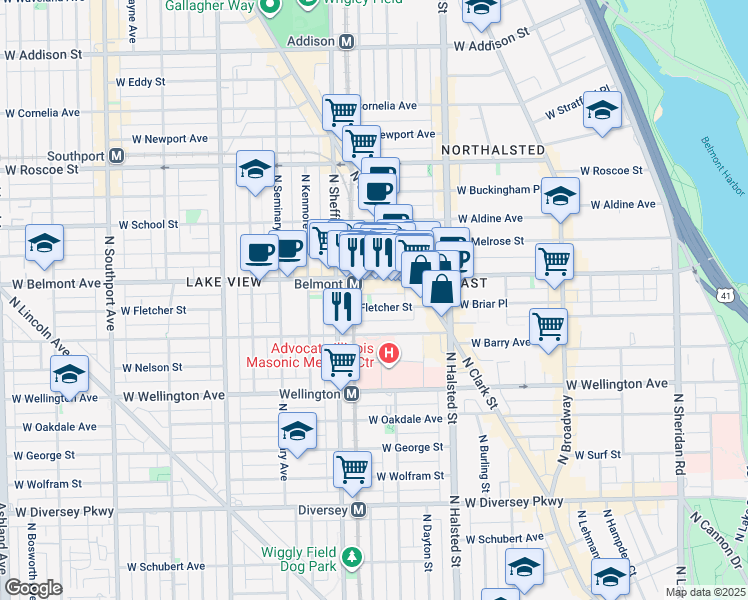 map of restaurants, bars, coffee shops, grocery stores, and more near 920 West Barry Avenue in Chicago