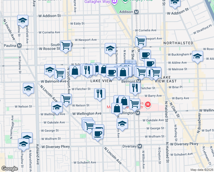 map of restaurants, bars, coffee shops, grocery stores, and more near 3117 North Racine Avenue in Chicago