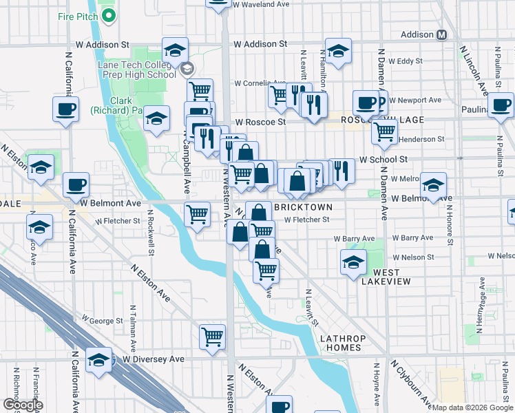 map of restaurants, bars, coffee shops, grocery stores, and more near 3123 North Oakley Avenue in Chicago