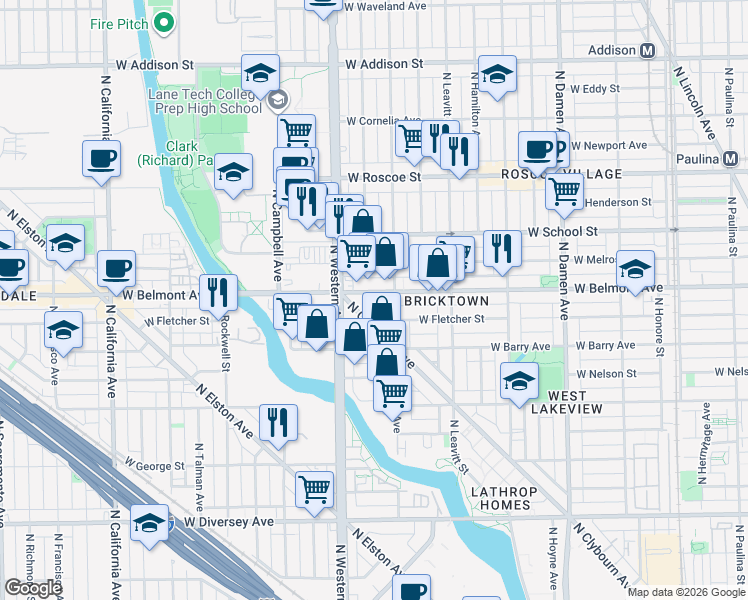 map of restaurants, bars, coffee shops, grocery stores, and more near 3142 North Clybourn Avenue in Chicago