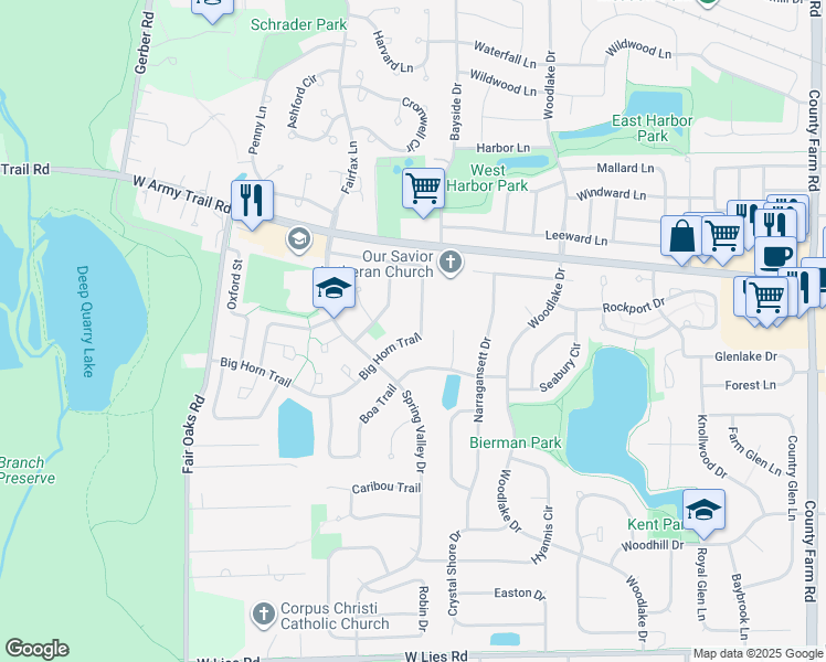 map of restaurants, bars, coffee shops, grocery stores, and more near 1255 Boa Trail in Carol Stream