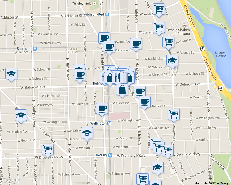 map of restaurants, bars, coffee shops, grocery stores, and more near 914 W Fletcher St in Chicago
